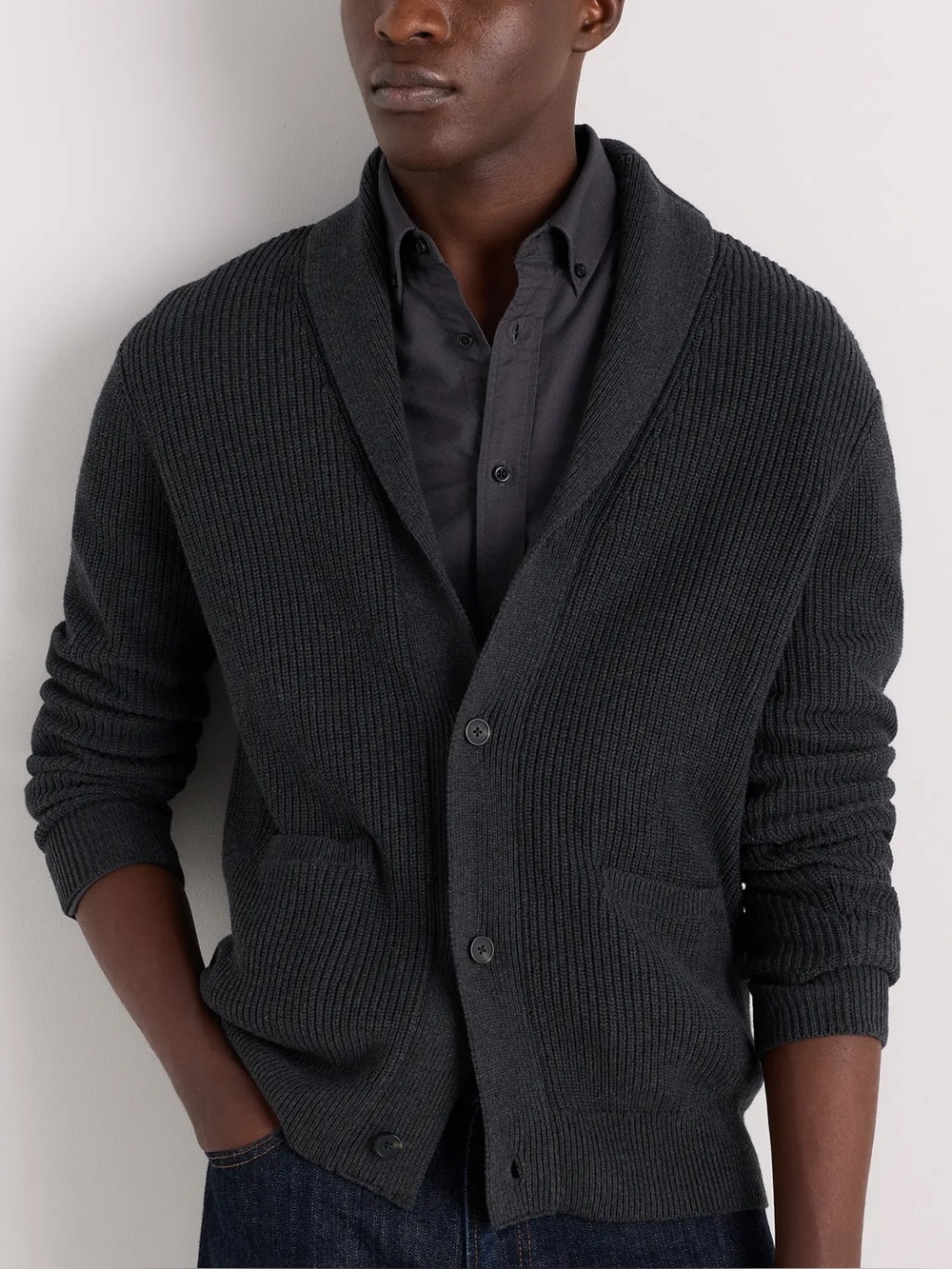 Quince Charcoal 100% Organic Cotton Ribbed Shawl Collar Cardigan Sweater M